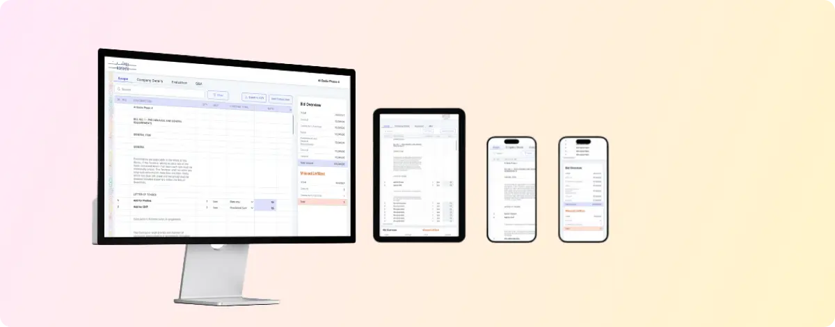 Cover image of the Construction Tender Onboarding & Bidding System case study, showcasing a responsive design displayed across a desktop monitor, tablet, and smartphones with a clean interface for tender management and bidding.