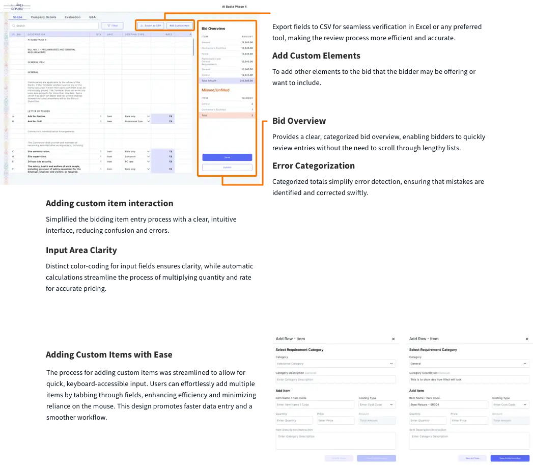User interface showcasing features like custom item interaction, error categorization, and export to CSV for the Construction Tender Onboarding & Bidding System. Highlights include simplified workflows, color-coded inputs, and intuitive designs for enhancing data accuracy and bid clarity.