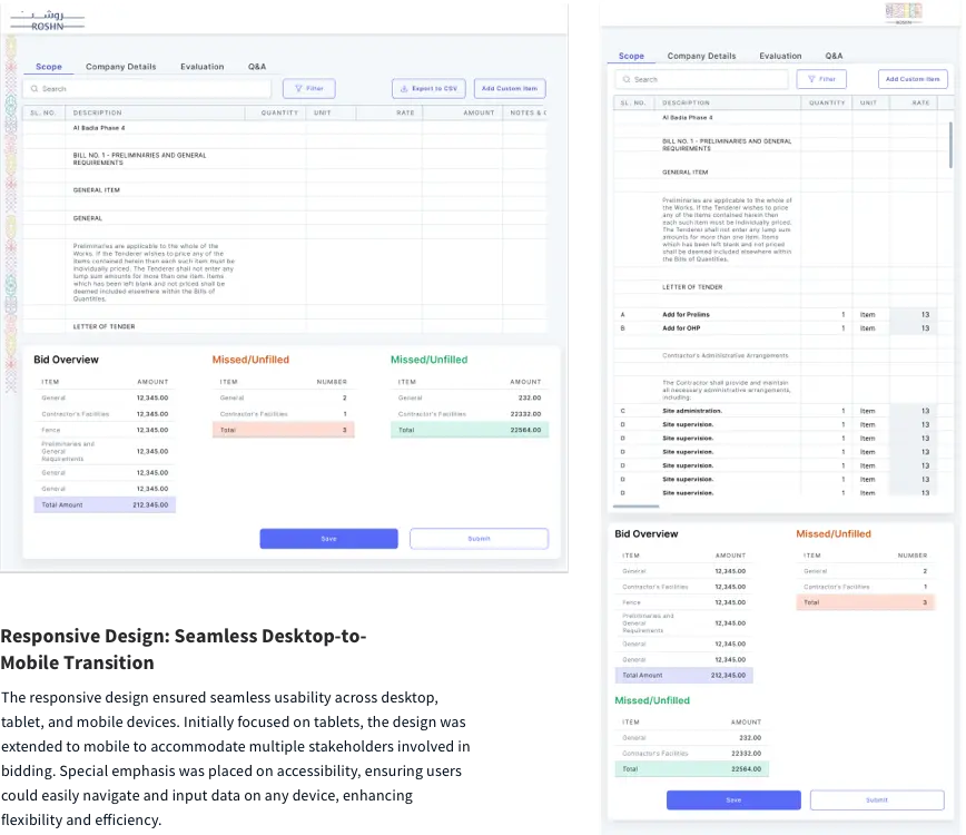 Interface design focusing on responsive desktop-to-mobile transitions for the Construction Tender Onboarding & Bidding System. The system supports seamless usability across desktop, tablet, and mobile devices, emphasizing accessibility and flexibility for multiple stakeholders.