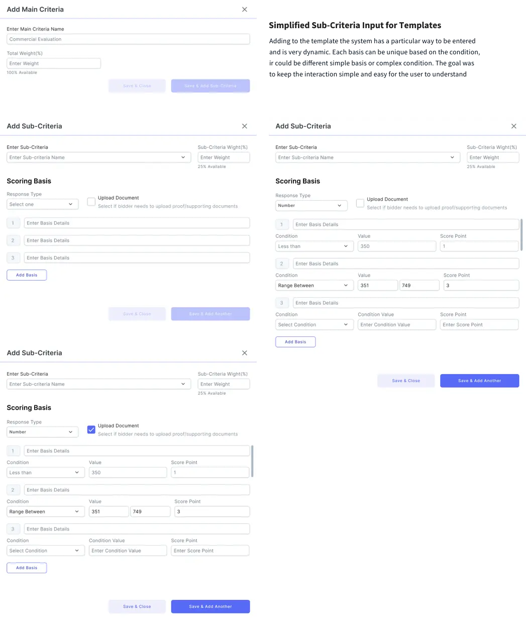 Interface showcasing the addition of sub-criteria for templates in the Construction Tender Onboarding & Bidding System. Features include dynamic scoring options, condition-based criteria, and intuitive workflows for creating structured evaluation templates.